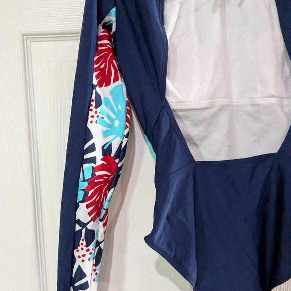 US Polo Assn. Women's Floral Long Sleeve Swimsuit, Navy, Size M (7-9), Tie Back - Picture 9 of 16